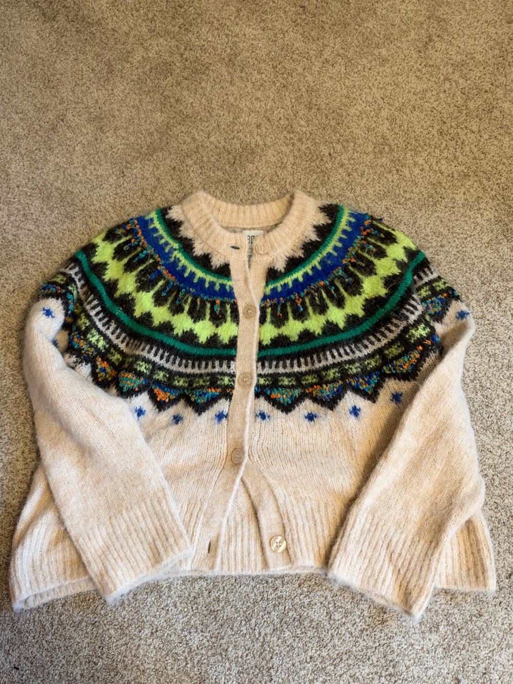 BDG Cream Cardigan with Green, Blue & Black Fair Isle Yoke
